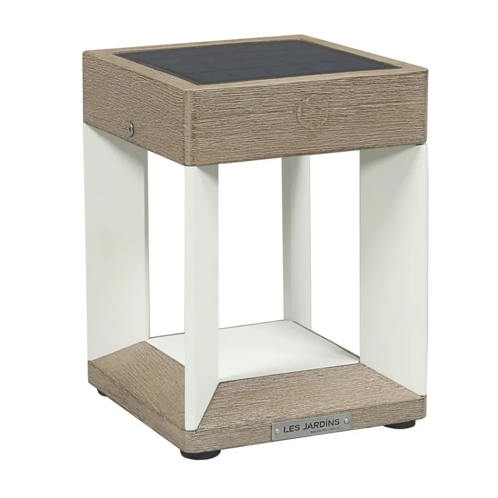 Les Jardins Teckalu LED-bordlampe med solcelle, hvid/lyst træ
