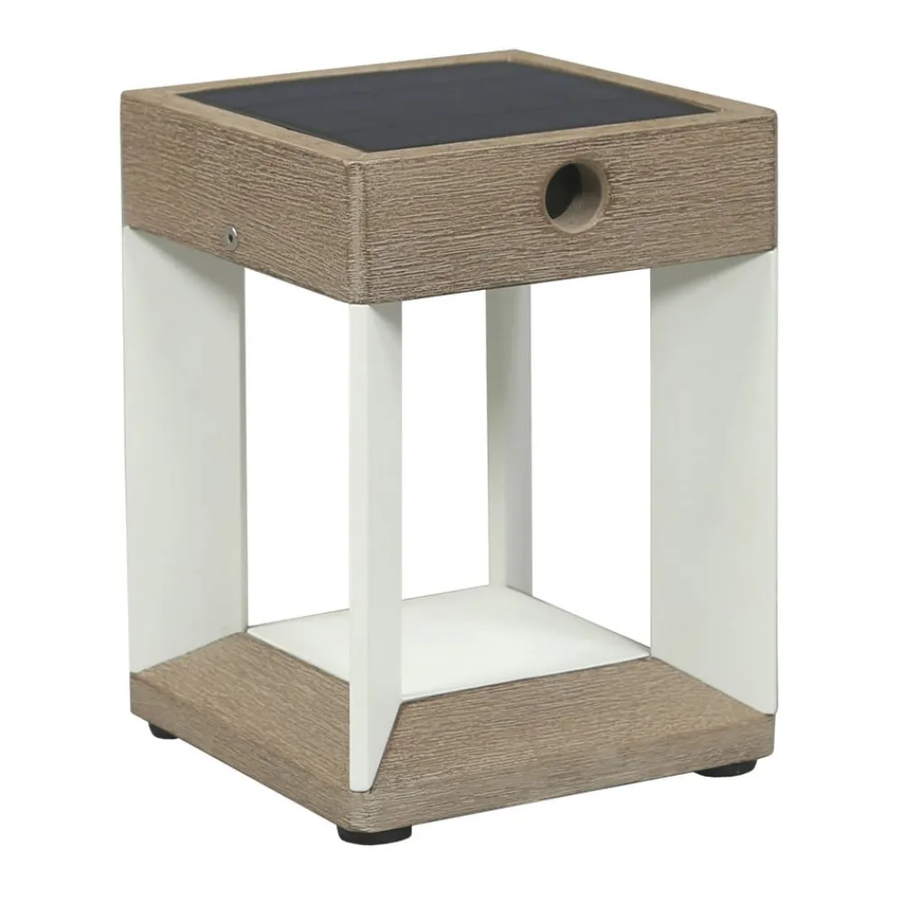 Les Jardins Teckalu LED-bordlampe med solcelle, hvid/lyst træ