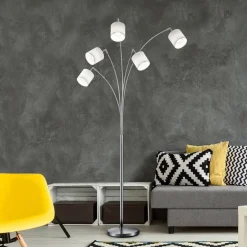 Tommy gulvlampe, nikkel/hvid, højde 200 cm, 5-lys, stof^Reality Leuchten Outlet
