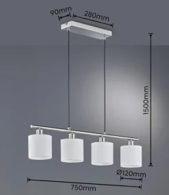 Tommy hængelampe, nikkel/hvid, længde 75 cm, 4-lys, stof^Reality Leuchten Hot