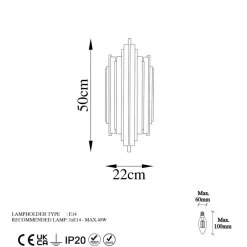 Opviq Væglampe Reis 13341, guldfarvet, metal, højde 50 cm