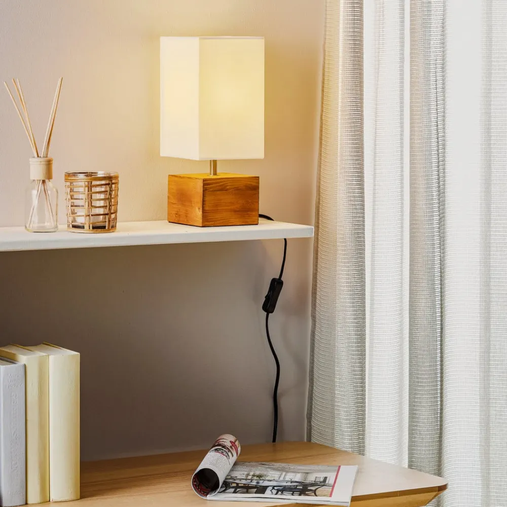 Reality Leuchten Woody bordlampe med træfod, 12 cm x 12 cm